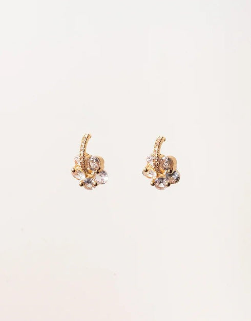 gold pierced stud earrings with clear crystal cluster and a curved textured design, elegant style