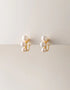 Gold finish pierced drop earrings with three white pearls in a vertical cluster, elegant style