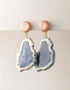 Drop earrings with rose gold metallic studs and irregular blue and white agate gemstone pendants, boho style