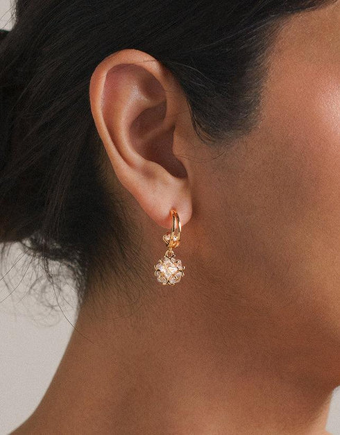 gold pierced hoop earrings with dangling cluster of small clear gemstones, elegant drop style