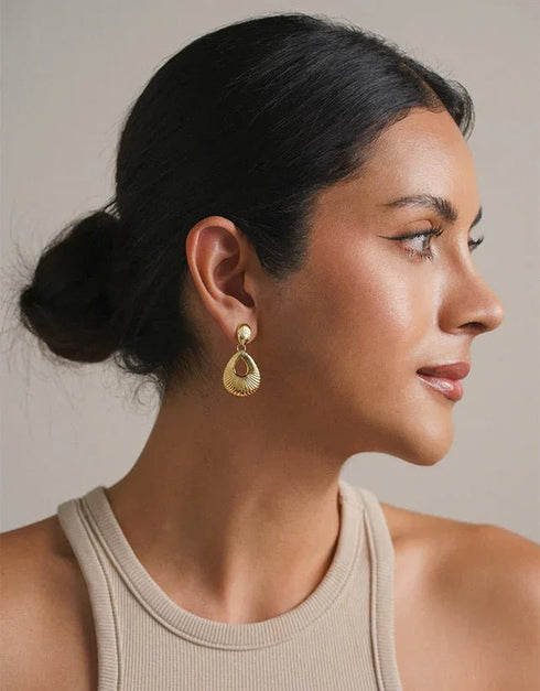 gold pierced drop earrings with ridged teardrop shape and shiny finish, elegant fashion accessory