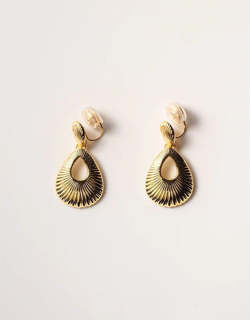 gold pierced drop earrings with textured teardrop-shaped dangles featuring radial line patterns, elegant style