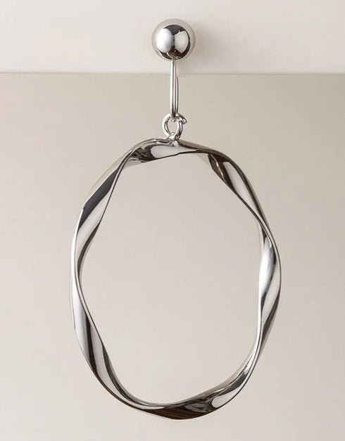 silver twisted hoop earrings with polished finish and round stud, modern minimalist style